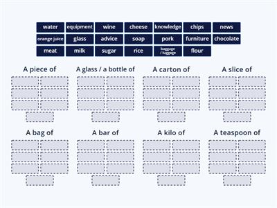 Quantifiers: a piece of, a glass of...