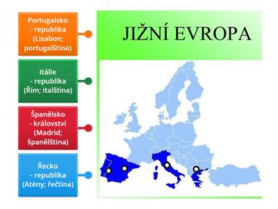 Jižní Evropa - státy, zřízení, hl. město, jazyk ... (lehké)