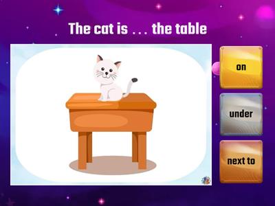 behind,between,in front of,next to,on, under