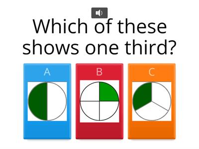Audio Fractions quiz-whole, halves, thirds, quarters