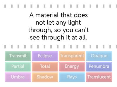 Light and Shadows Match up Keywords - Year 7 Definitions