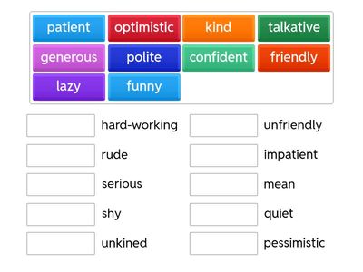 Match the personality adjectives with their opposites