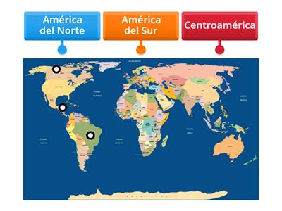 Observar el  mapa mundi y ubicar el continente Americano: América del Norte, América del Sur y Centroamérica 