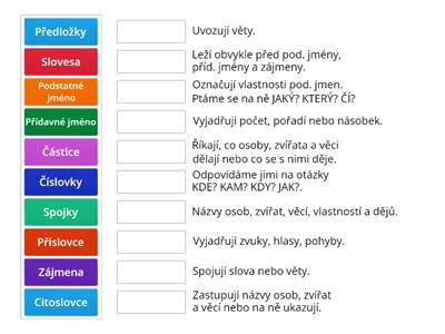Slovní druhy - přiřaď správně.