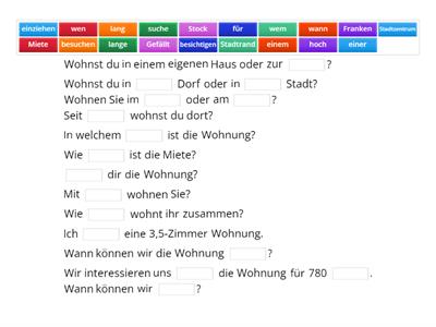 Eine Wohnung mieten - Lückentext A1 - A2