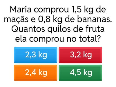 Quiz de adição e subtração decimal