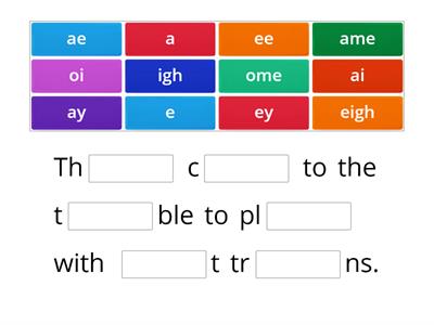 Long A key word sentence: They came to the great table to play with eight trains.