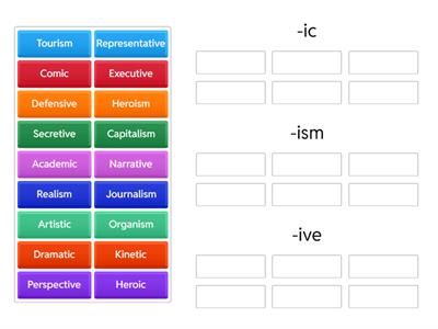 Suffixes -ic, -ism, and -ive
