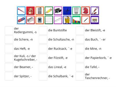 Schulsachen - Verbinde Bilder mit Wörtern