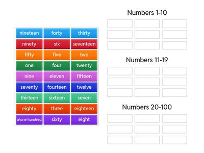 Numbers - groups 1-10, 10-19, 20-100