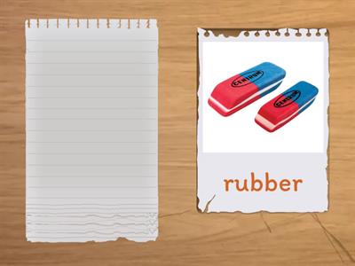 school items calculator dictionary laptop map paints pencil case rubber ruler scissors trainers