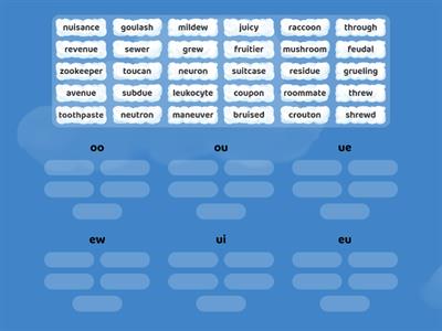 /oo/ oo, ou, ue, ew, ui, eu