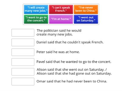 Match the sentences (Direct Speech to Reported Speech)