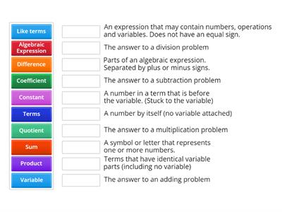 Vocab 2 - Algebraic Expressions