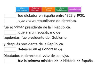 Completa cada afirmación con el nombre del personaje que corresponda.