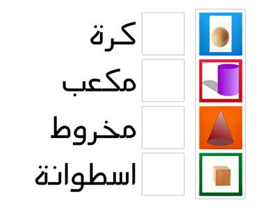 التعرف على المجسمات ( الكرة – المخروط – المكعب – الاسطوانة ) ووصفها .