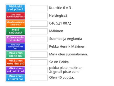 Henkilötiedot (yhdistä kysymys ja vastaus)