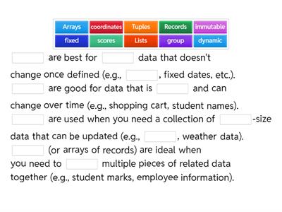 Fill in gaps - Tuples, Arrays & Lists