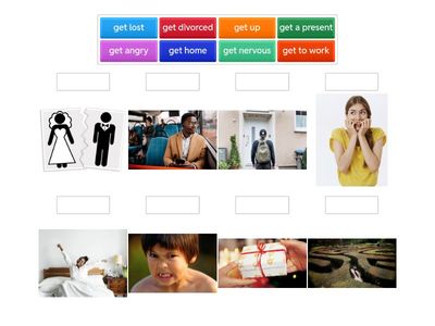 Match pictures to the phrases with get: