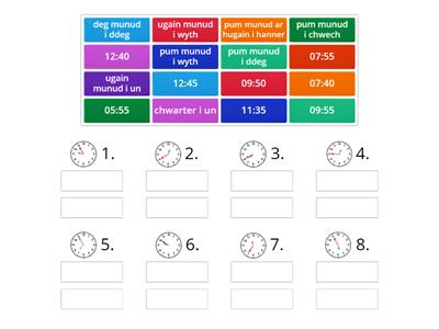 Gêm 3 - (i) cyfateb clociau analog, mewn geiriau a digidol 