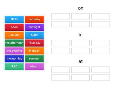 Time prepositions: on, in, at