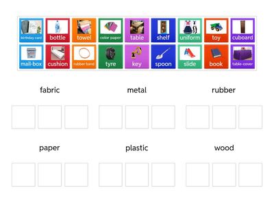 group the materials - Em phân loại các vật sau vào nhóm vật liệu phù hợp