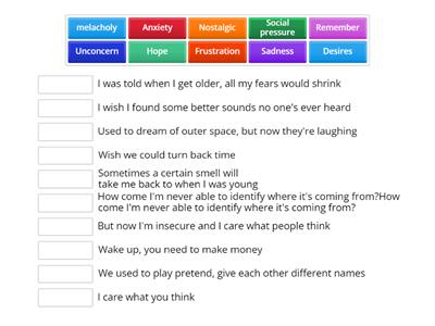 Match the keywords with the part of the song that you consider most related to