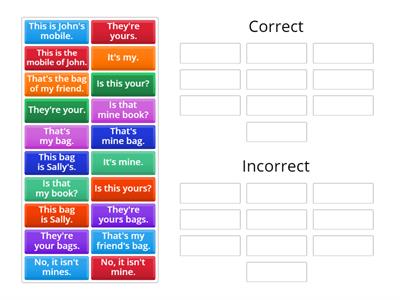 ESOL E2 possessives correct/incorrect sentences