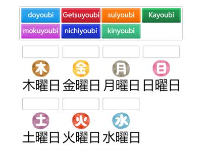 Giorni della settimana in giapponese Kanji match