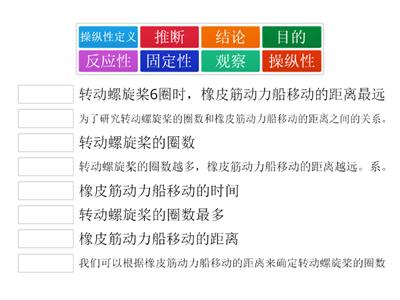 一组学生进行一项模型船的实验。学生转动螺旋桨后记录模型船穿移动的距离。