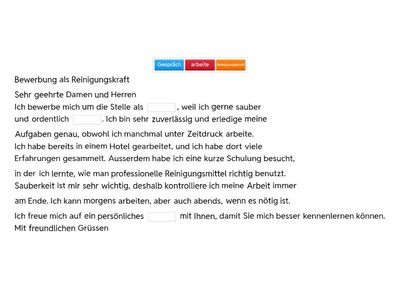 Lückentext Bewerbung als Reinigungskraft
