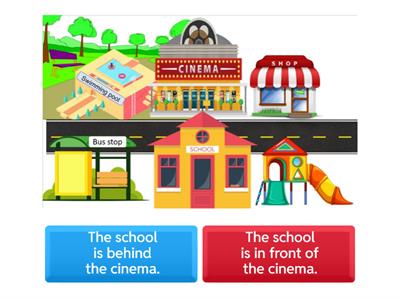 Prepositions of place. In town. (in front of, behind, between, next to)