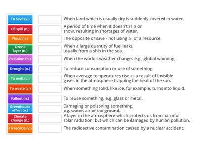 Environmental vocabulary quiz: match the words to their definitions.