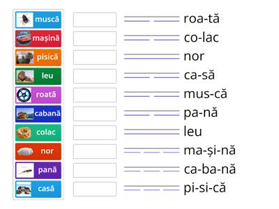 Asociază imaginea cu reprezentarea grafică a cuvântului despărțit în silabe