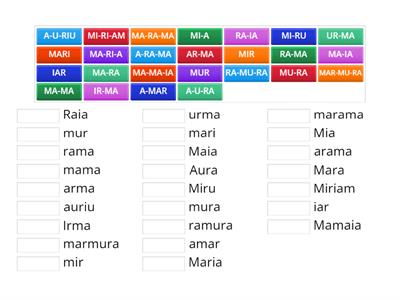 Cuvinte cu literele a, m, i, u, r - potrivire