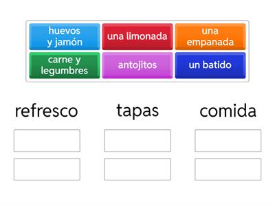 Escoge. Indicate whether each item of food is a beverage, snack or meal.