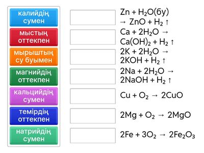 Металдардың оттекпен ,сумен әрекеттесуін реакция теңдеулерімен сәйкестендіріңіз.
