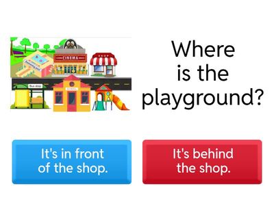 Prepositions of place. In town. (in front of, behind, between, next to)