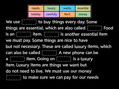 Numeracy 2.5: Recognise the difference between using money to buy essential items and luxury items