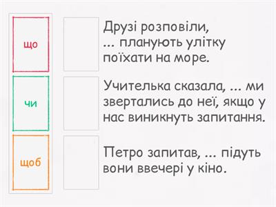 Заміна прямої мови непрямою. Перетягни необхідні сполучники у речення