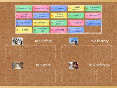 Match the objects to their correspondent workplace