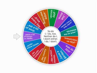 I do, too.       So do I.          Neither do I.        I don't either.     I do.    I don't.