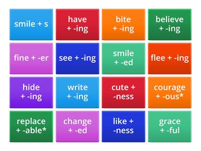 'Drop the final silent <e>' suffixing convention (words from The Morphology Project) - with * for ce/ge