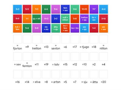 Addition inom 1-20 (Para ihop tal med tal, antal ord med antalord)