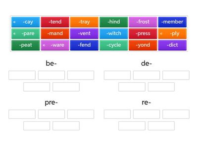 Prefixes - be-, de-, pre-, re-