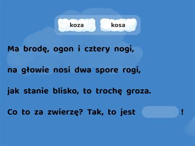 Ćwiczenia słuchu fonematycznego. Głoski dźwięczne - bezdźwięczne. Uzupełnij rymowanki właściwymi wyrazami.