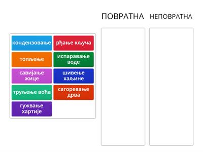 Разврстај промене материла на повратне и неповратне.