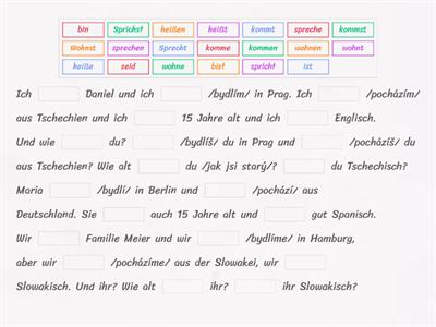 Konjugation der Verben "sprechen,heißen,kommen,sein, fahren"