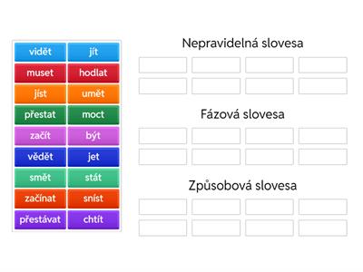 Roztřiďte na slovesa nepravidelná, fázová a způsobová