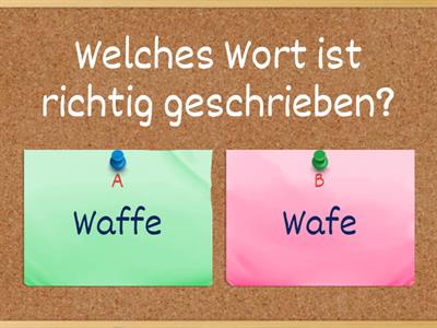 Doppelkonsonanten. Bestimme das richtig geschriebene Wort. Du hast für 30 Fragen 5 Minuten Zeit